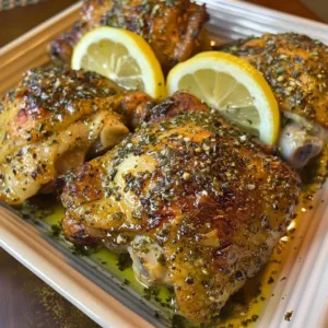 Air Fryer Lemon Herb Chicken Thighs with fresh herbs and lemon slices