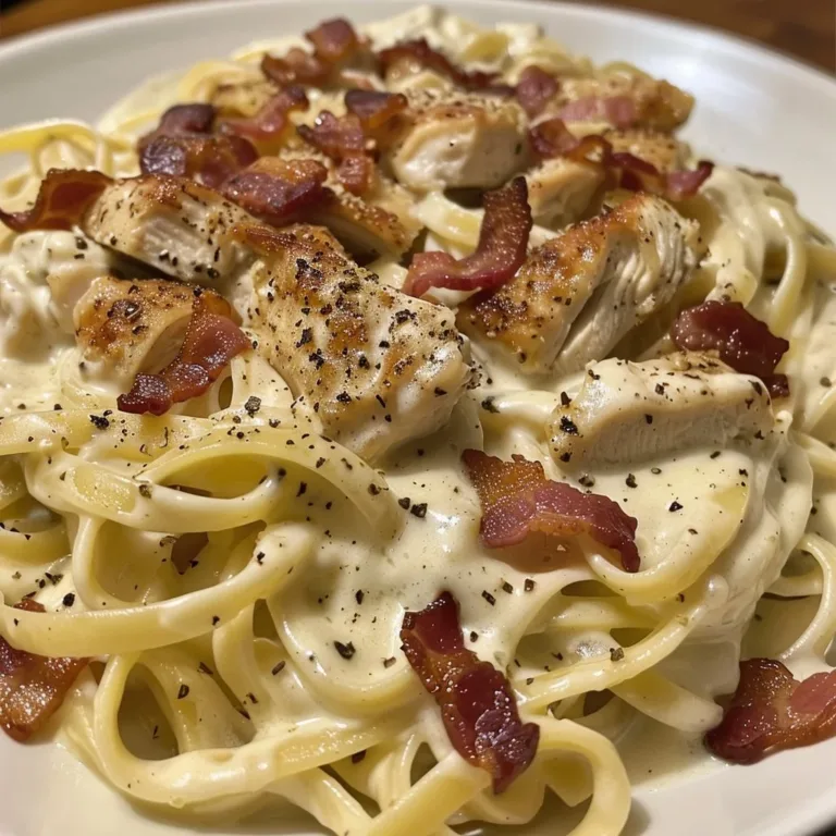 Delicious Bacon Chicken Alfredo served with fresh herbs and Parmesan cheese.