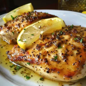 Baked lemon chicken breast served with herbs and lemon slices