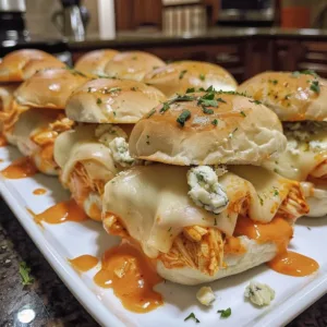 Buffalo chicken sliders with blue cheese on a serving platter for game day.