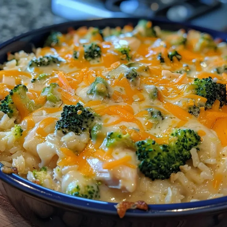 Cheesy chicken and broccoli rice casserole baked to perfection