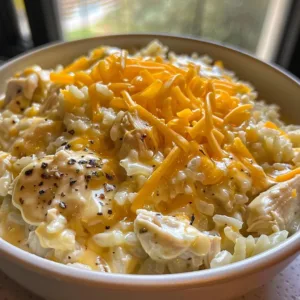 Delicious cheesy chicken and rice dish served in a bowl