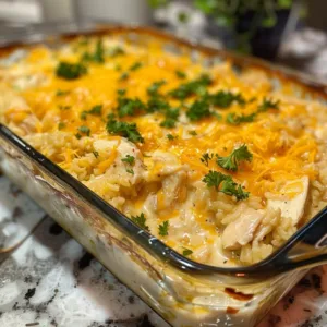 Cheesy chicken rice casserole baked in a dish, garnished with herbs.