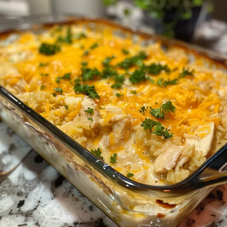 Cheesy chicken rice casserole baked in a dish, garnished with herbs.