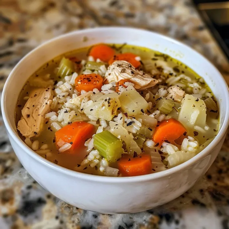 Bowl of homemade chicken and rice soup with fresh herbs and vegetables