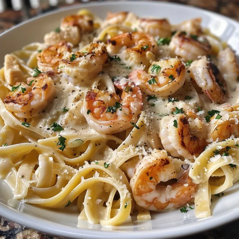 Creamy Chicken and Shrimp Alfredo pasta with herbs and parmesan cheese.