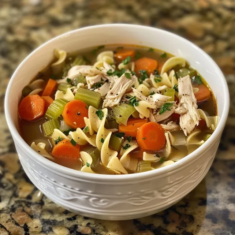 Bowl of Classic Crockpot Chicken Noodle Soup with vegetables and chicken