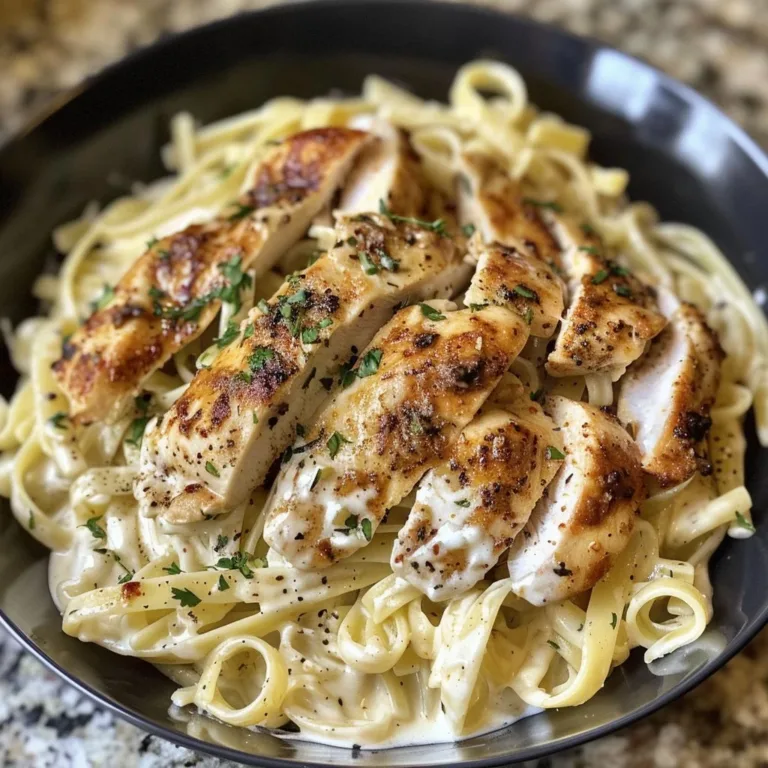 Plate of creamy Cajun Chicken Alfredo pasta garnished with parsley and spices