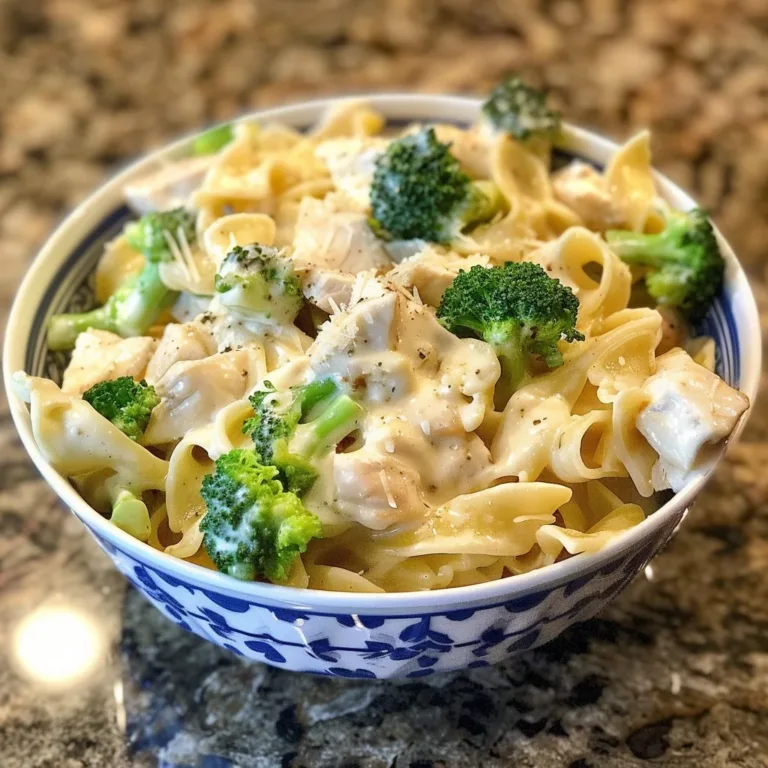 Creamy chicken Alfredo with broccoli served on a plate