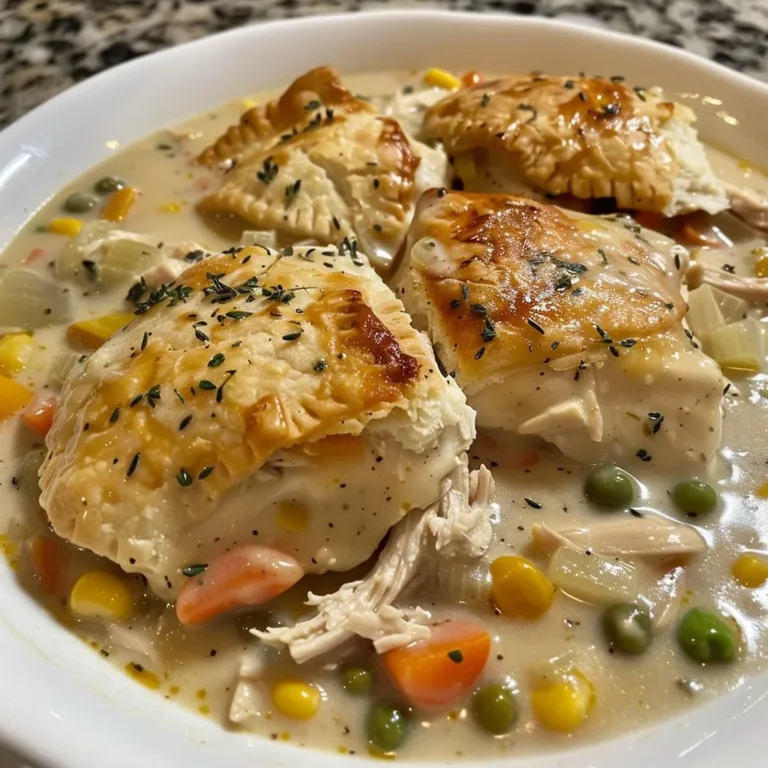 Creamy chicken pot pie cooked in a slow cooker, served warm and flavorful.