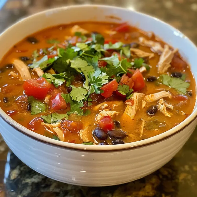 Bowl of creamy chicken tortilla soup topped with crispy tortilla strips and cilantro