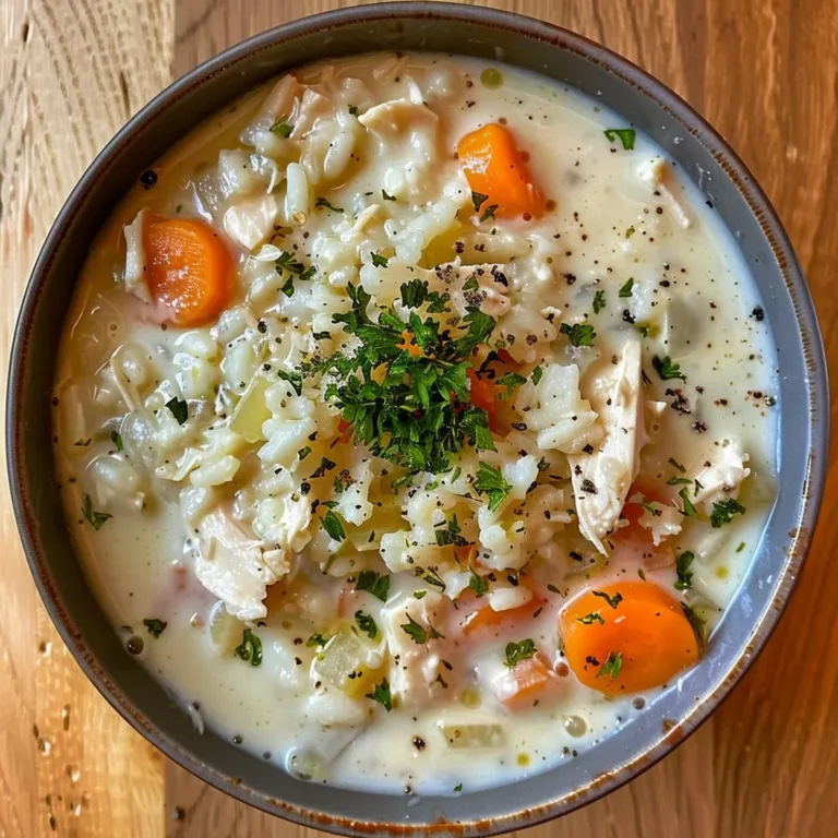 Creamy crockpot chicken rice soup in a bowl topped with herbs
