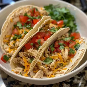 Creamy crockpot chicken tacos served in a tortilla with fresh toppings