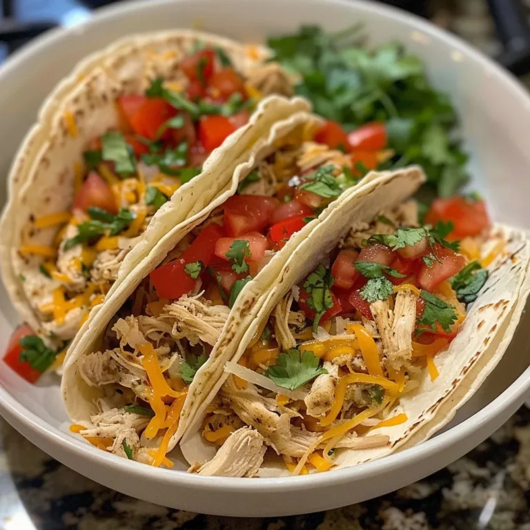 Creamy crockpot chicken tacos served in a tortilla with fresh toppings
