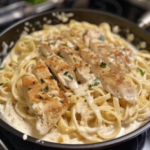 Plate of creamy garlic Chicken Alfredo pasta garnished with parsley