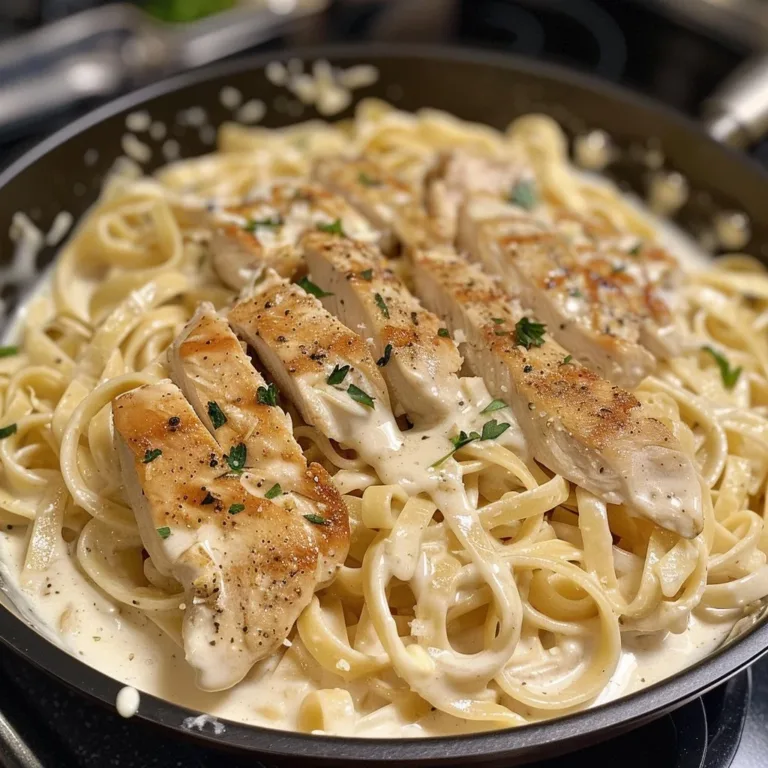 Plate of creamy garlic Chicken Alfredo pasta garnished with parsley