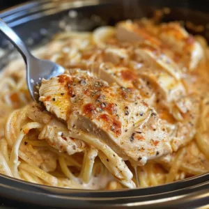Creamy Italian Chicken in a crockpot with herbs and vegetables