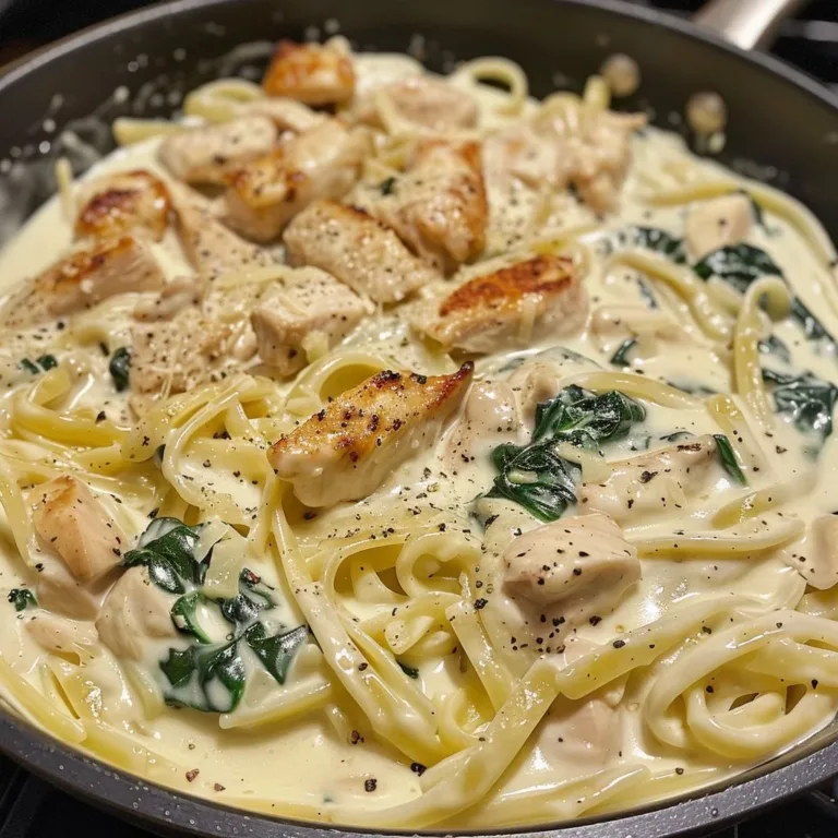 Creamy Spinach Chicken Alfredo dish garnished with fresh spinach and chicken