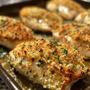 Crispy baked parmesan chicken breast served on a white plate with herbs.