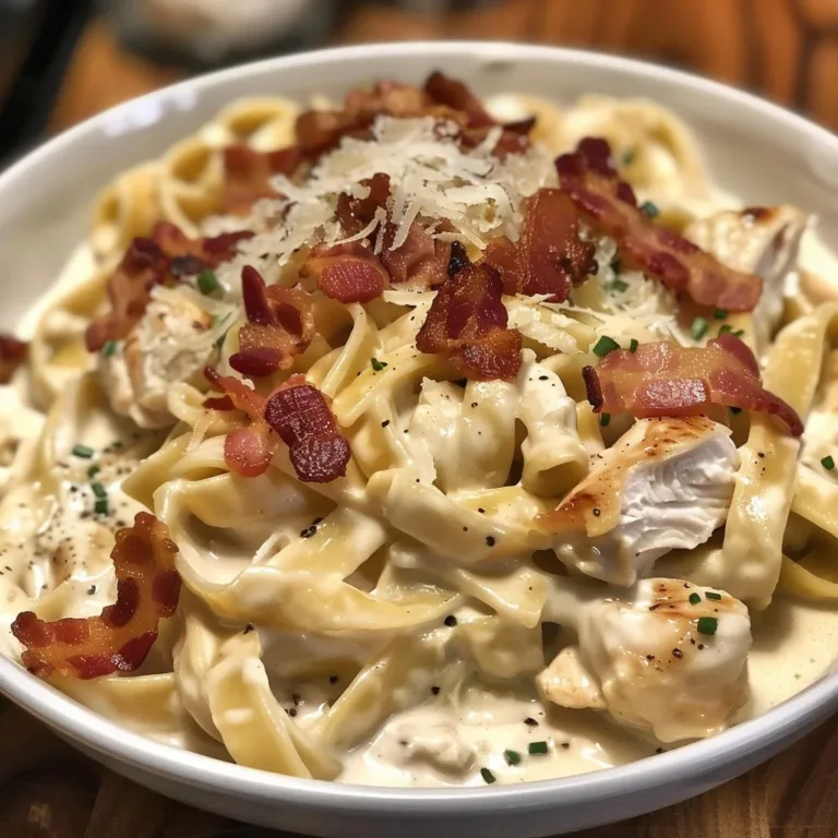 Crockpot Bacon Chicken Alfredo served in a bowl with garnishes.