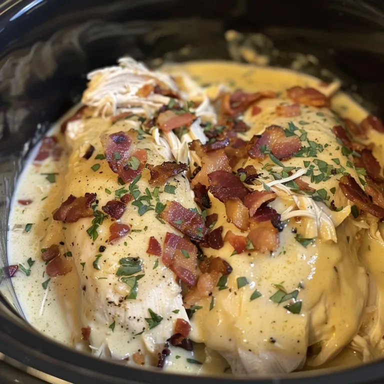 Crockpot Bacon Ranch Chicken dish garnished with herbs in a bowl