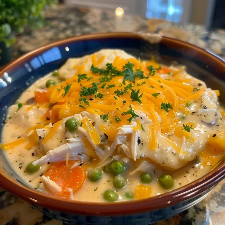Delicious Crockpot Cheesy Chicken Pot Pie served hot in a bowl