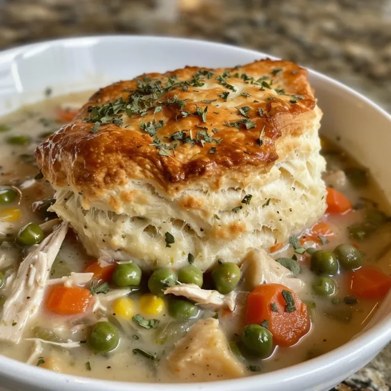 Crockpot Chicken Pot Pie topped with fluffy biscuit crust