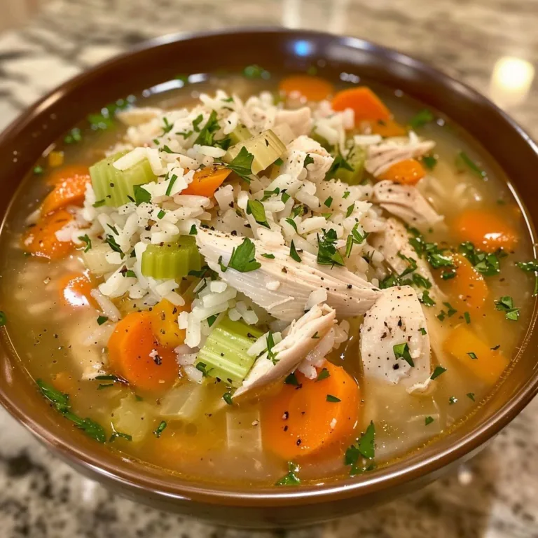 Crockpot Chicken Rice Soup in a bowl garnished with herbs