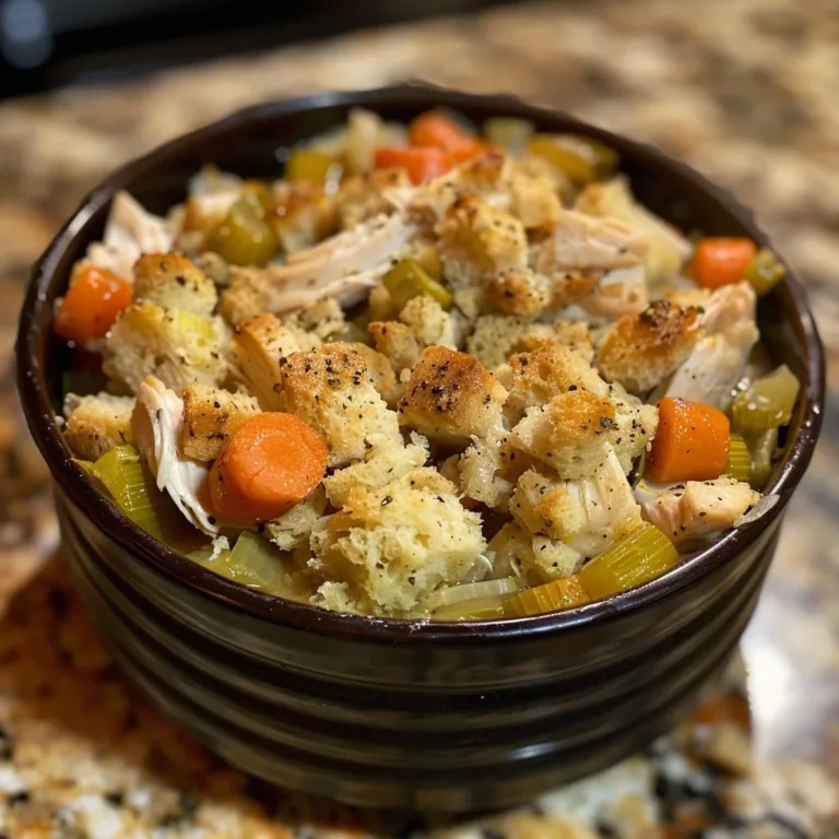 Crockpot chicken stuffing with vegetables in a bowl ready to serve