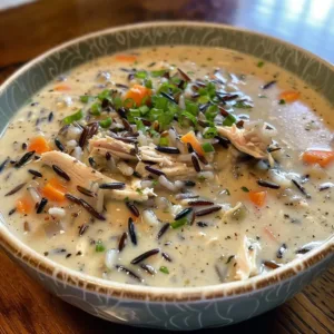 Crockpot Chicken Wild Rice Soup in a bowl with fresh herbs