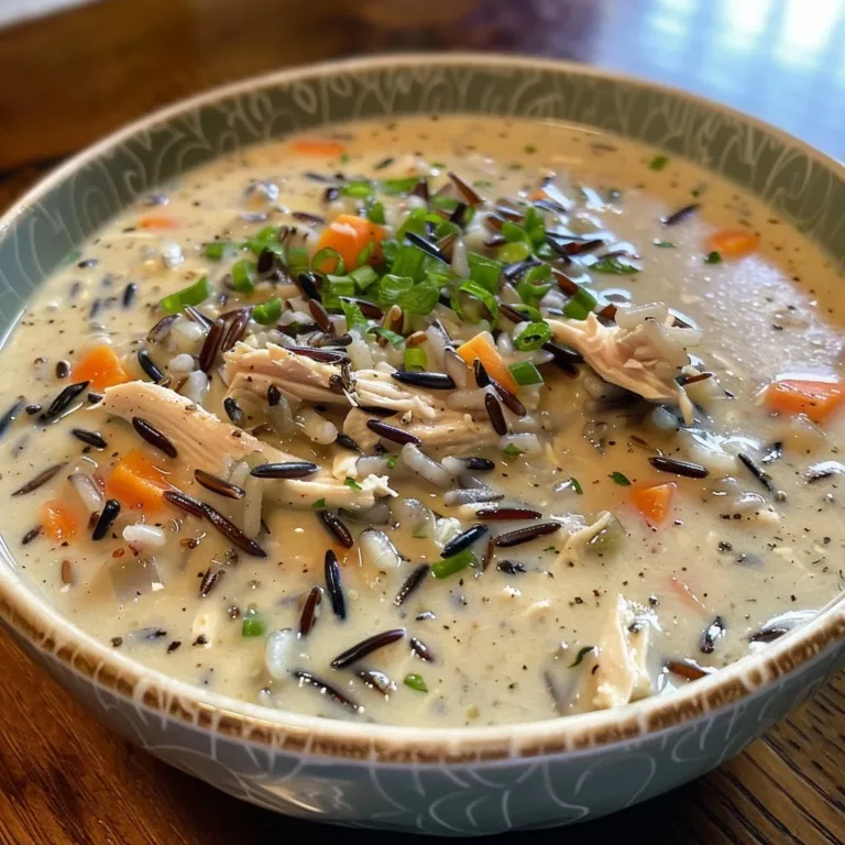 Crockpot Chicken Wild Rice Soup in a bowl with fresh herbs
