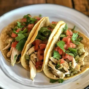 Crockpot salsa verde chicken tacos topped with fresh ingredients