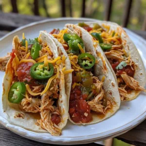 Crockpot spicy chicken tacos topped with fresh ingredients and spices.