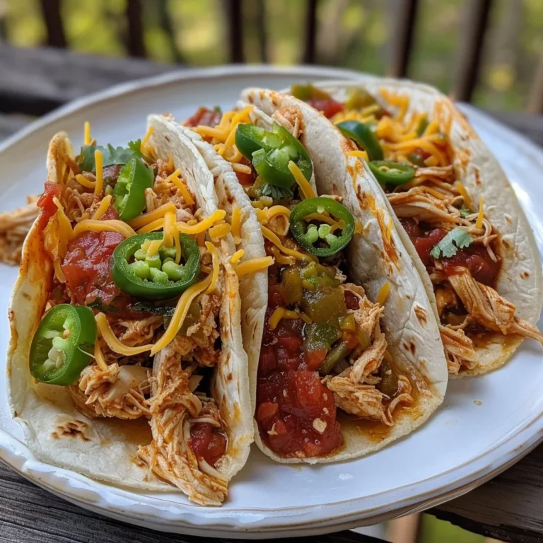 Crockpot spicy chicken tacos topped with fresh ingredients and spices.