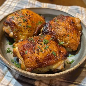 Crispy air fryer chicken thighs with juicy meat, served on a plate.