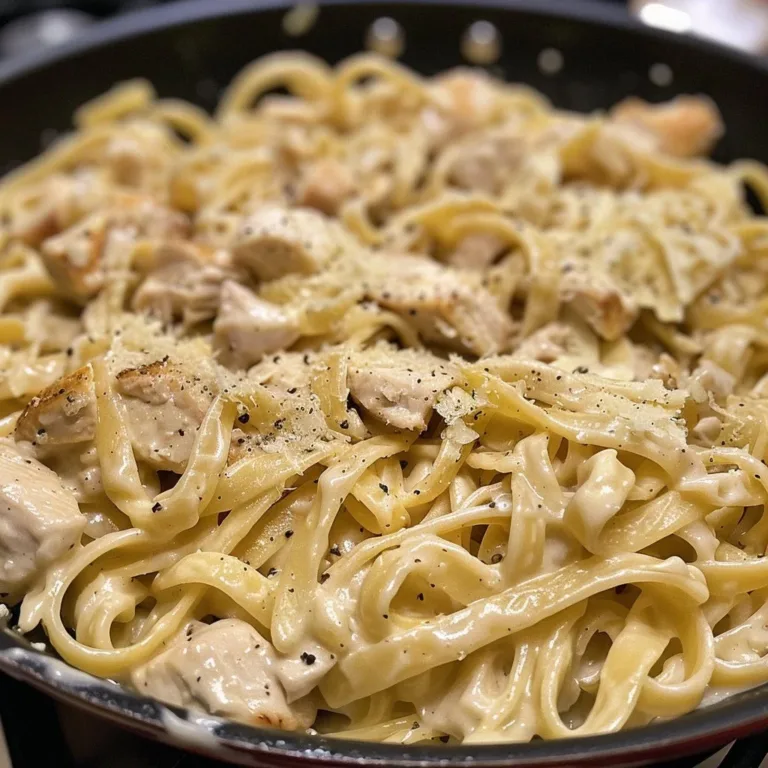 Delicious Easy Chicken Alfredo Pasta served in a creamy sauce with grated parmesan.