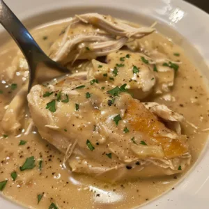 Easy Crockpot Chicken with creamy gravy served on a plate