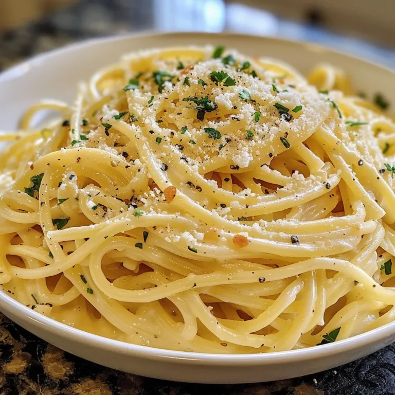 Plate of easy garlic parmesan pasta garnished with parsley and cheese