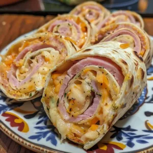 Delicious ham and cheese pinwheels on a platter, perfect for appetizers.