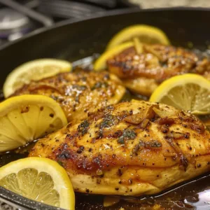 Delicious easy lemon chicken served on a plate with fresh herbs.