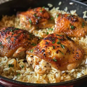 Easy one-pot chicken and rice dish ready to serve.