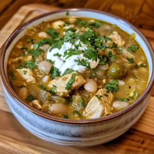 Bowl of easy white chicken chili with garnishes and bread on the side