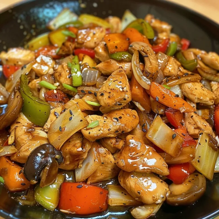 Garlic Chicken Stir Fry with colorful vegetables in a pan