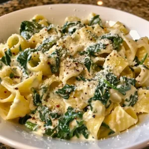 Garlic Parmesan Spinach Pasta on a plate, garnished with herbs and cheese.