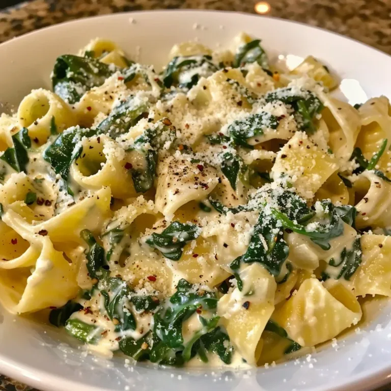 Garlic Parmesan Spinach Pasta on a plate, garnished with herbs and cheese.