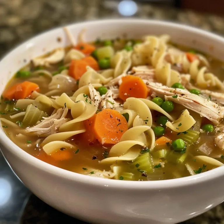 Healthy crockpot chicken vegetable noodle soup in a bowl