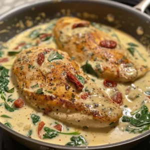 Delicious one-pan creamy Tuscan chicken with spinach and sun-dried tomatoes