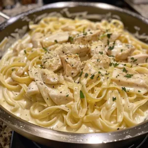 One-Pot Chicken Alfredo served in a bowl with parsley garnish.