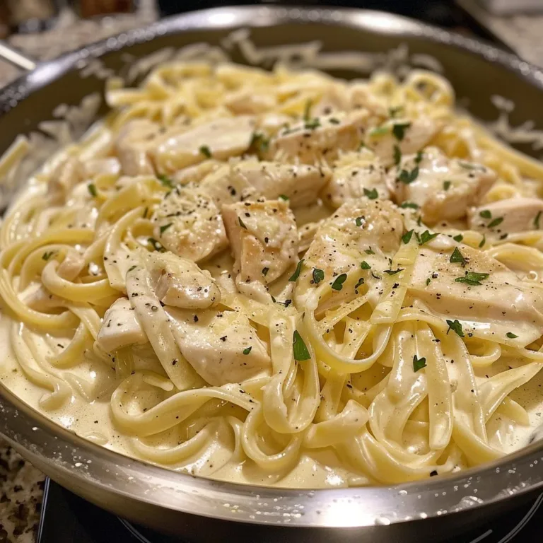 One-Pot Chicken Alfredo served in a bowl with parsley garnish.