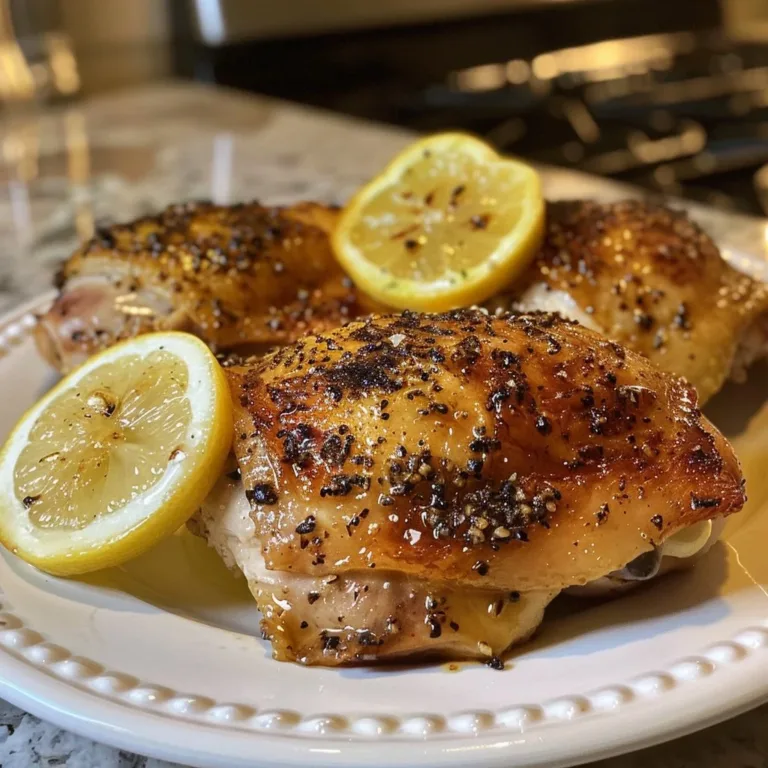 Juicy oven-baked lemon chicken garnished with fresh herbs on a plate.